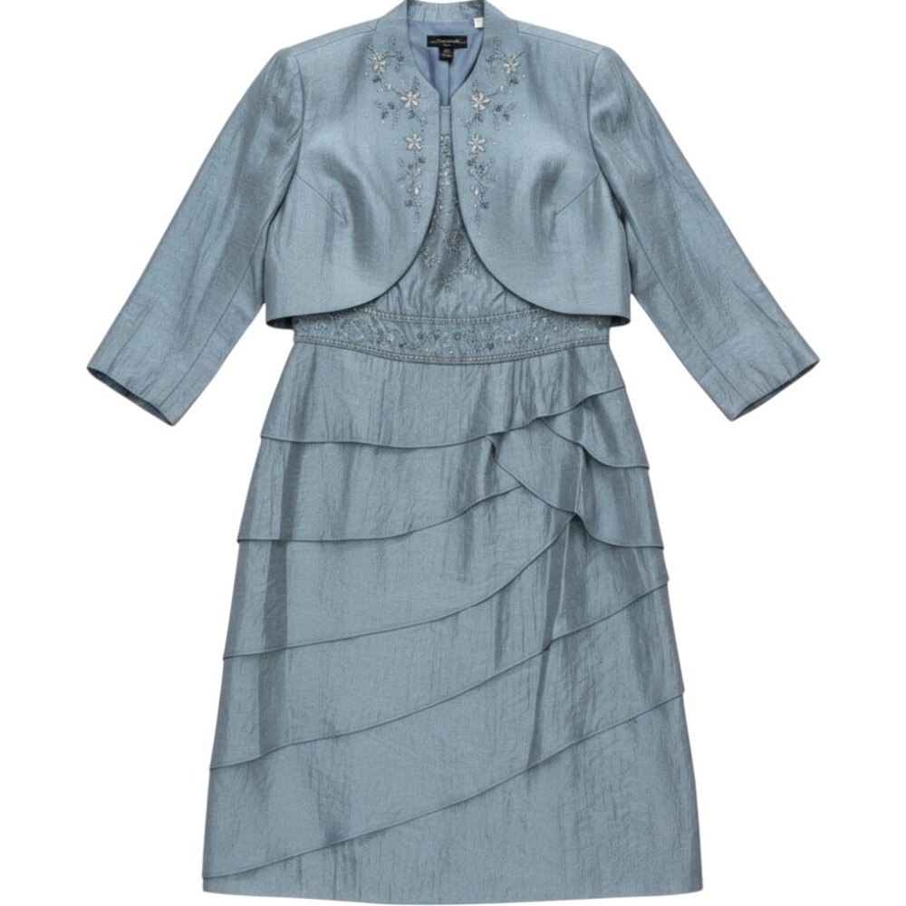 NEW R&M Richards 2 Piece Dress Set Slate Blue Beaded Tiered Ruffle Womens 16W